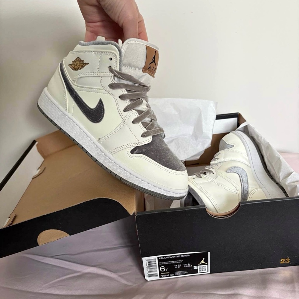 Nike Air Jordan’s Mid Sneaker- Sail, flat Pewter, metallic gold. Velour.